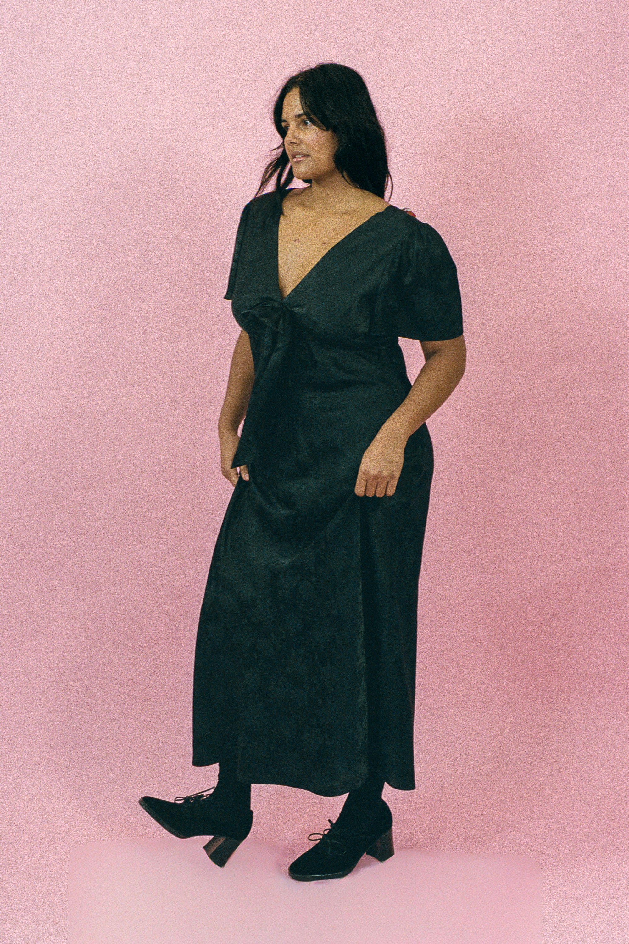 black silk jacquard bias cut dress with bow