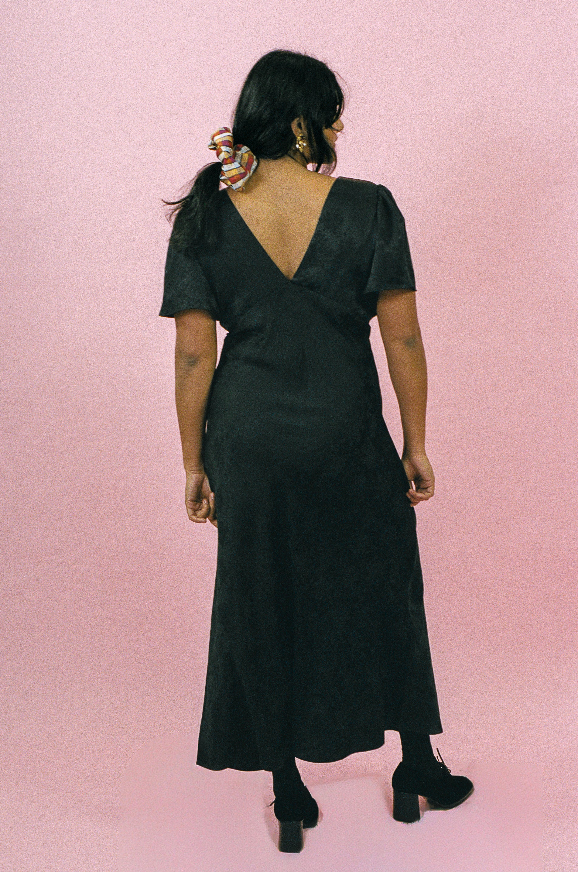 black silk jacquard bias cut dress with bow