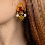 plated brass cross earrings with heart pearl drop