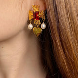 plated brass cross earrings with heart pearl drop
