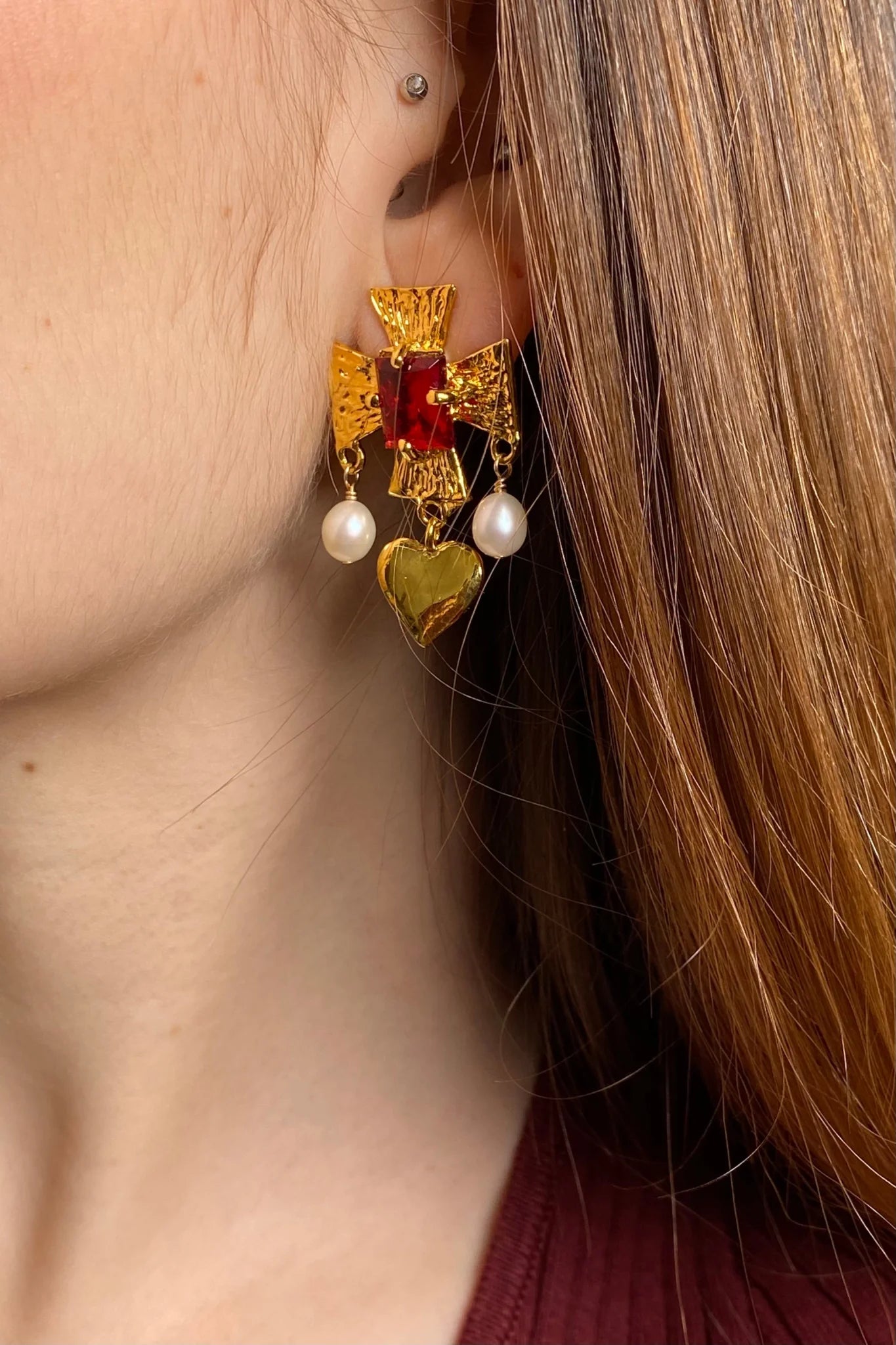 plated brass cross earrings with heart pearl drop