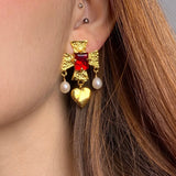 plated brass cross earrings with heart pearl drop