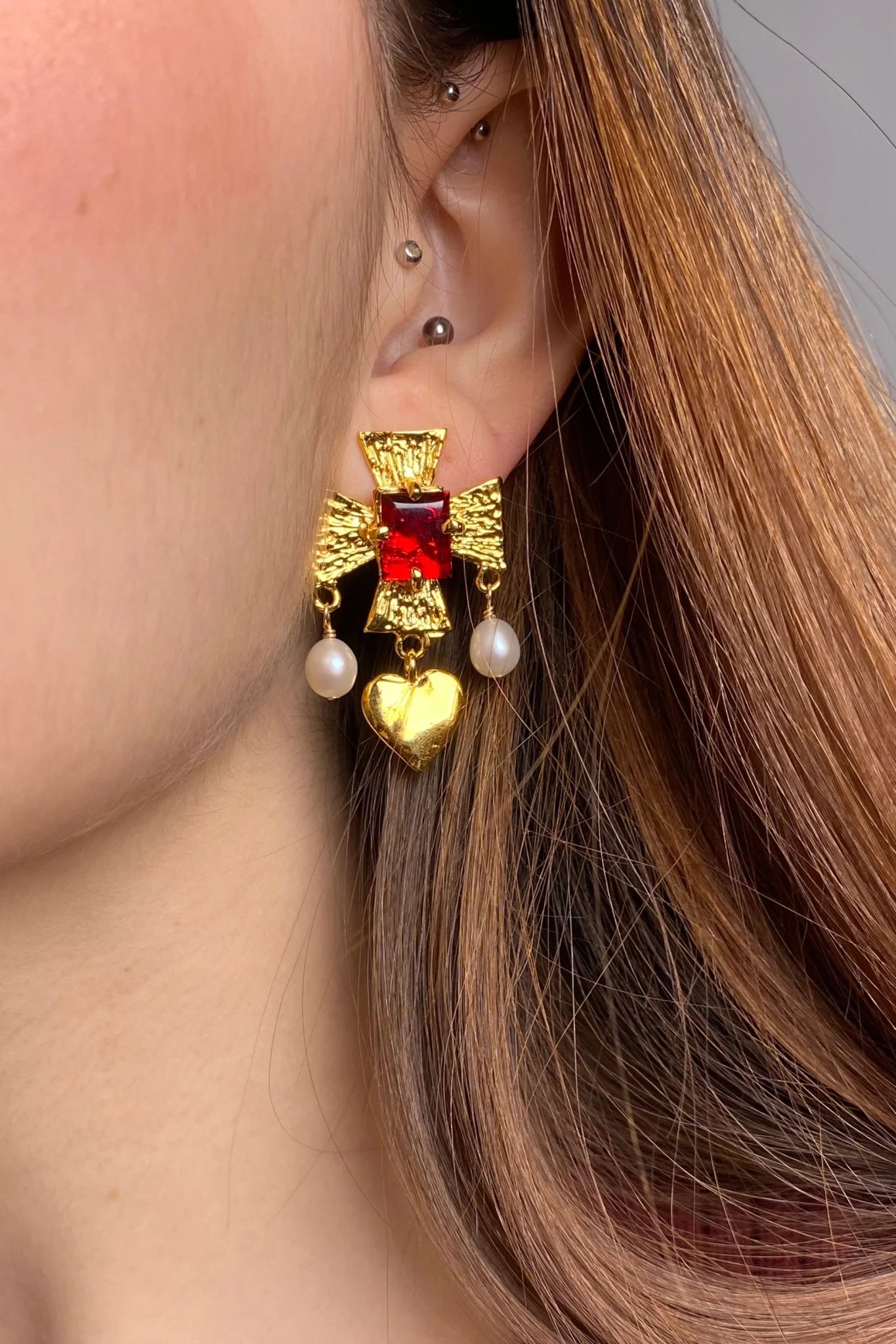 plated brass cross earrings with heart pearl drop