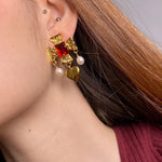 plated brass cross earrings with heart pearl drop