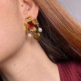 plated brass cross earrings with heart pearl drop