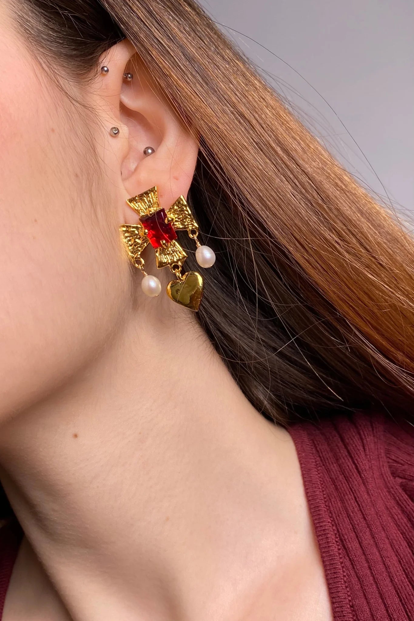 plated brass cross earrings with heart pearl drop