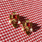 plated brass cross earrings with heart pearl drop