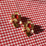 plated brass cross earrings with heart pearl drop