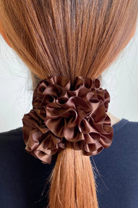 cacao brown silk carnation bloom hair scrunchie