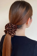 Load image into Gallery viewer, cacao brown silk carnation bloom hair scrunchie