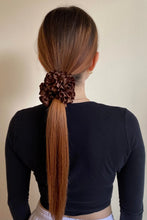 Load image into Gallery viewer, cacao brown silk carnation bloom hair scrunchie