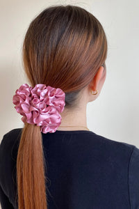 rose pink silk carnation bloom hair scrunchie