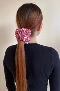 rose pink silk carnation bloom hair scrunchie