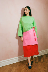 red cotton poplin A line midi skirt