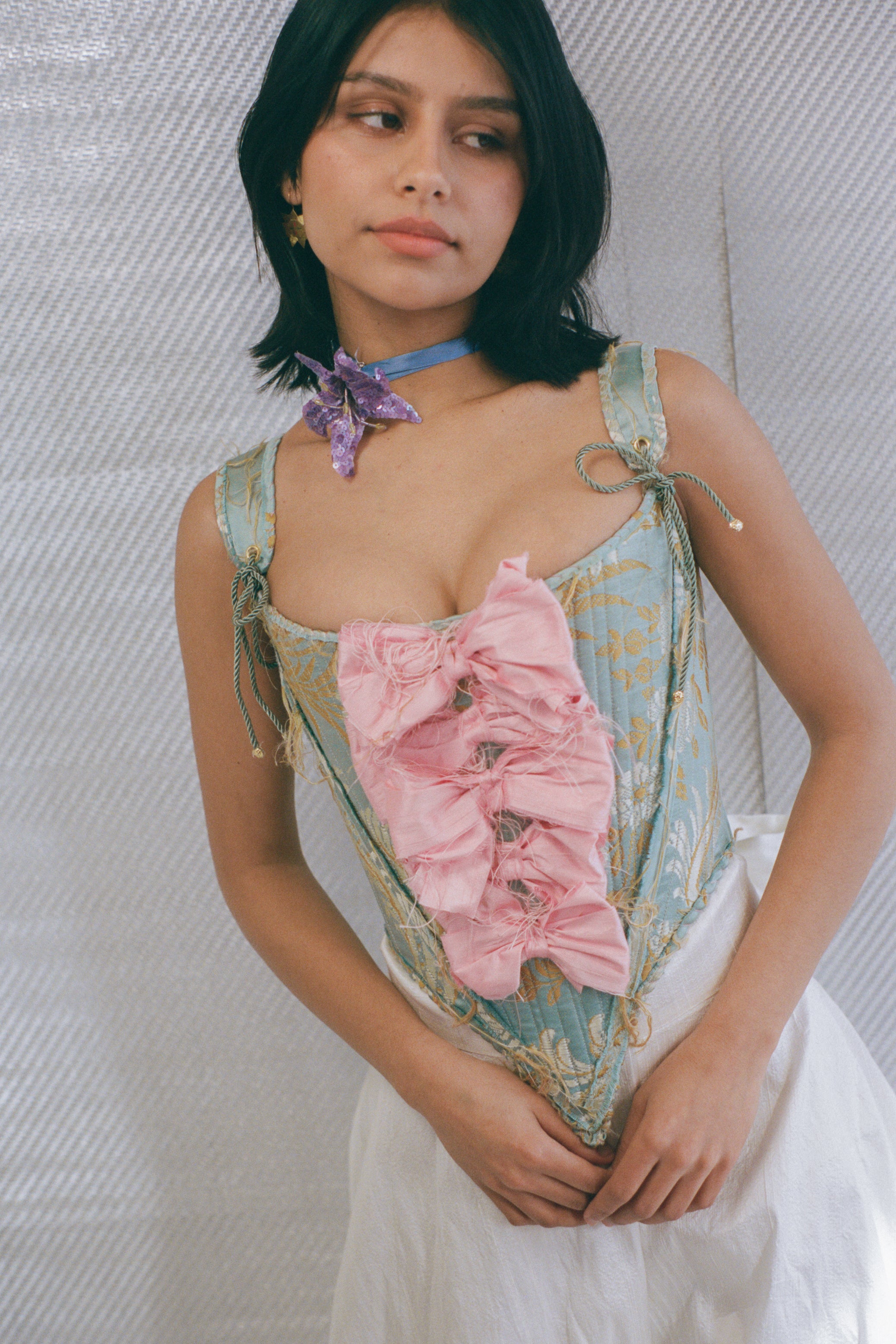 italian brocade pink silk bow romantic corset