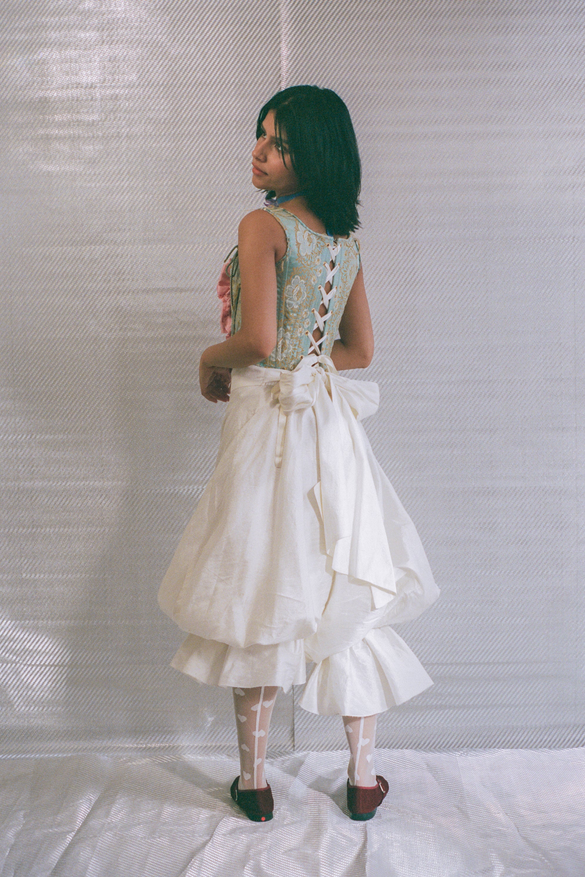 italian brocade pink silk bow romantic corset