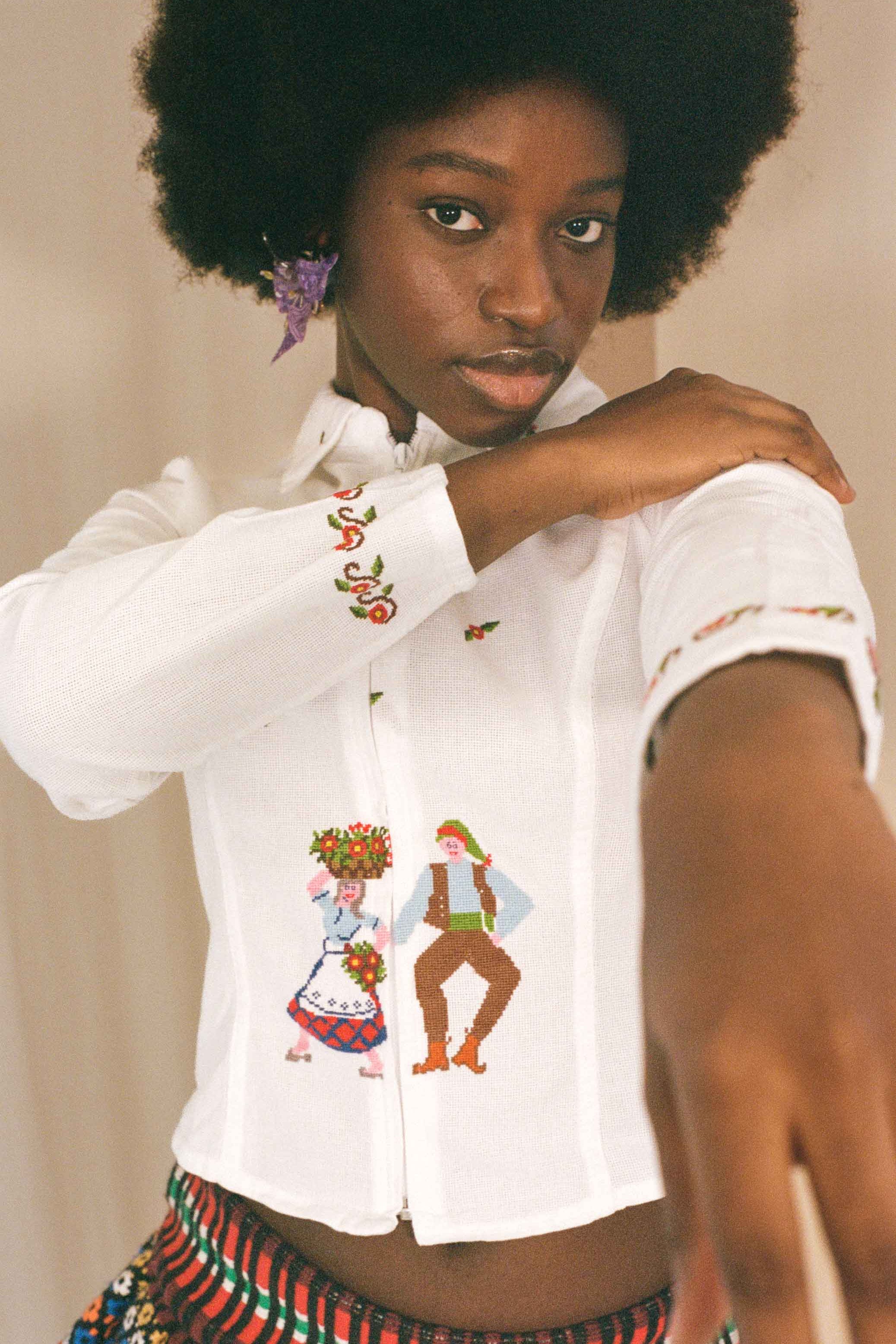cotton embroidered dancing figures fitted zip up shirt