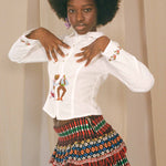 cotton embroidered dancing figures fitted zip up shirt
