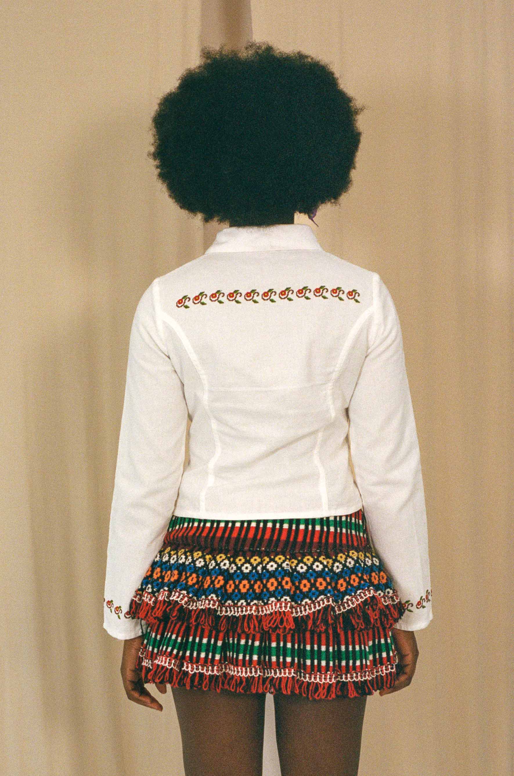 cotton embroidered dancing figures fitted zip up shirt