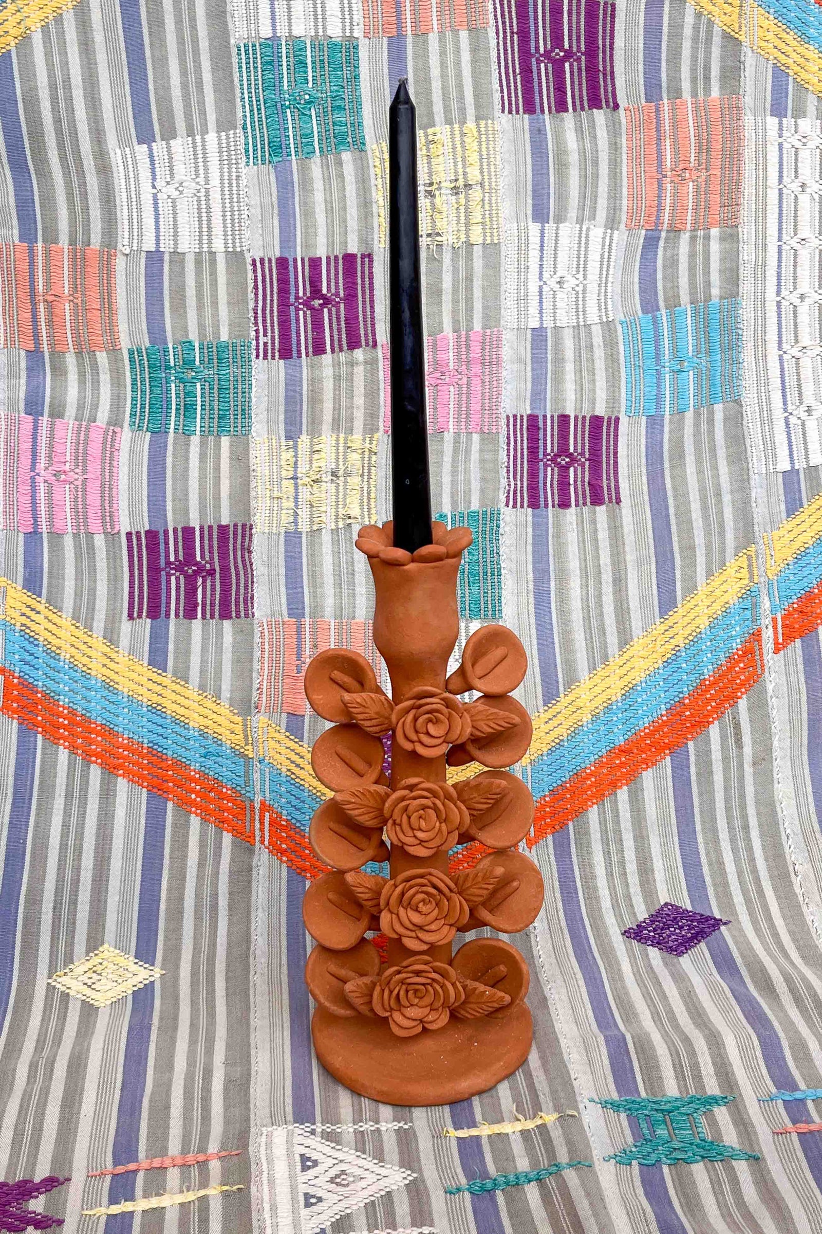 Oaxacan red clay calla lily rose flowering candleholder