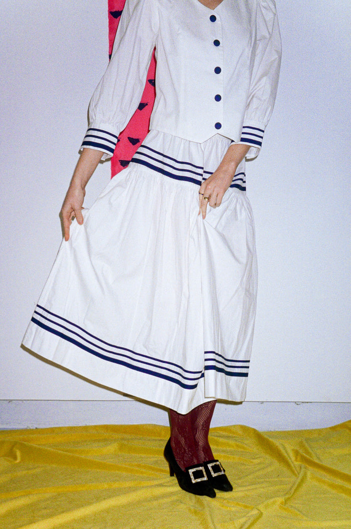 cotton midi sailor skirt in white and navy