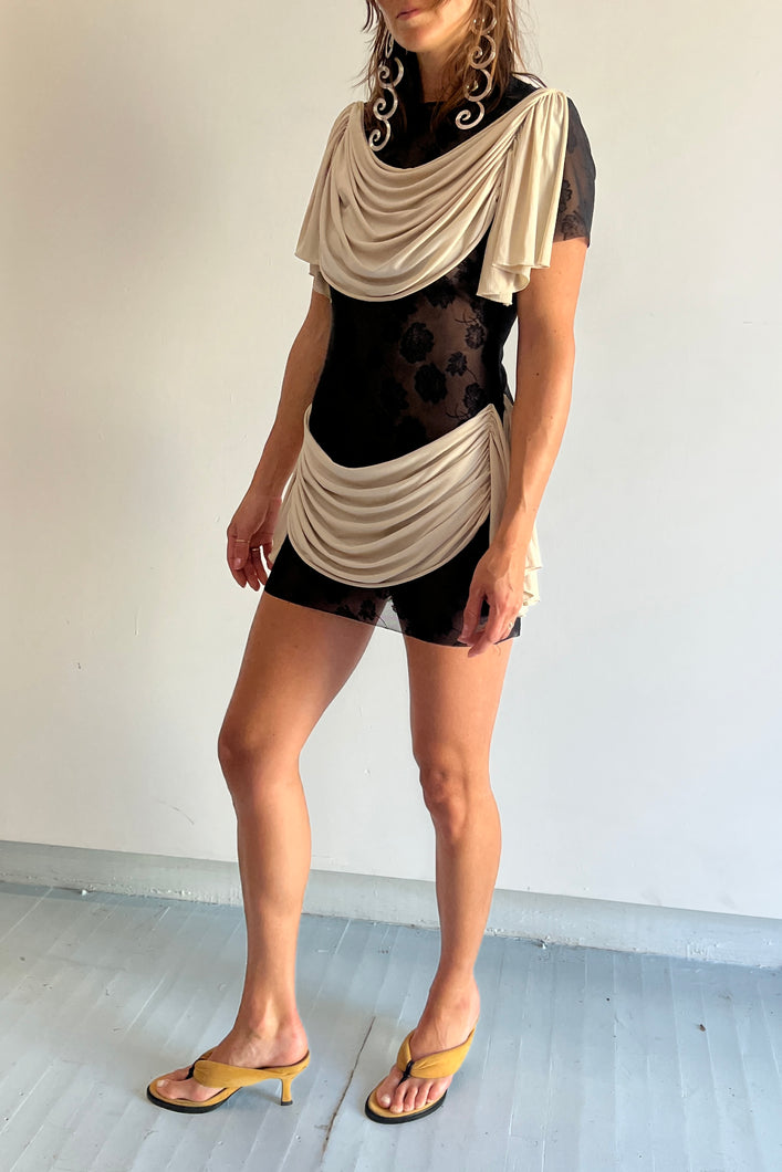 black polyester lace ecru lyocell drape mini dress