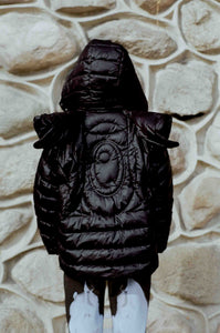 black nylon taffeta winged winter puffer coat