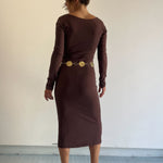 cotton long sleeve fitted midi dress in brown