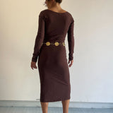 cotton long sleeve fitted midi dress in brown