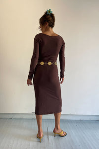cotton long sleeve fitted midi dress in brown