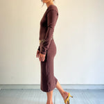 cotton long sleeve fitted midi dress in brown