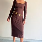 cotton long sleeve fitted midi dress in brown