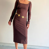 cotton long sleeve fitted midi dress in brown