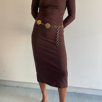cotton long sleeve fitted midi dress in brown