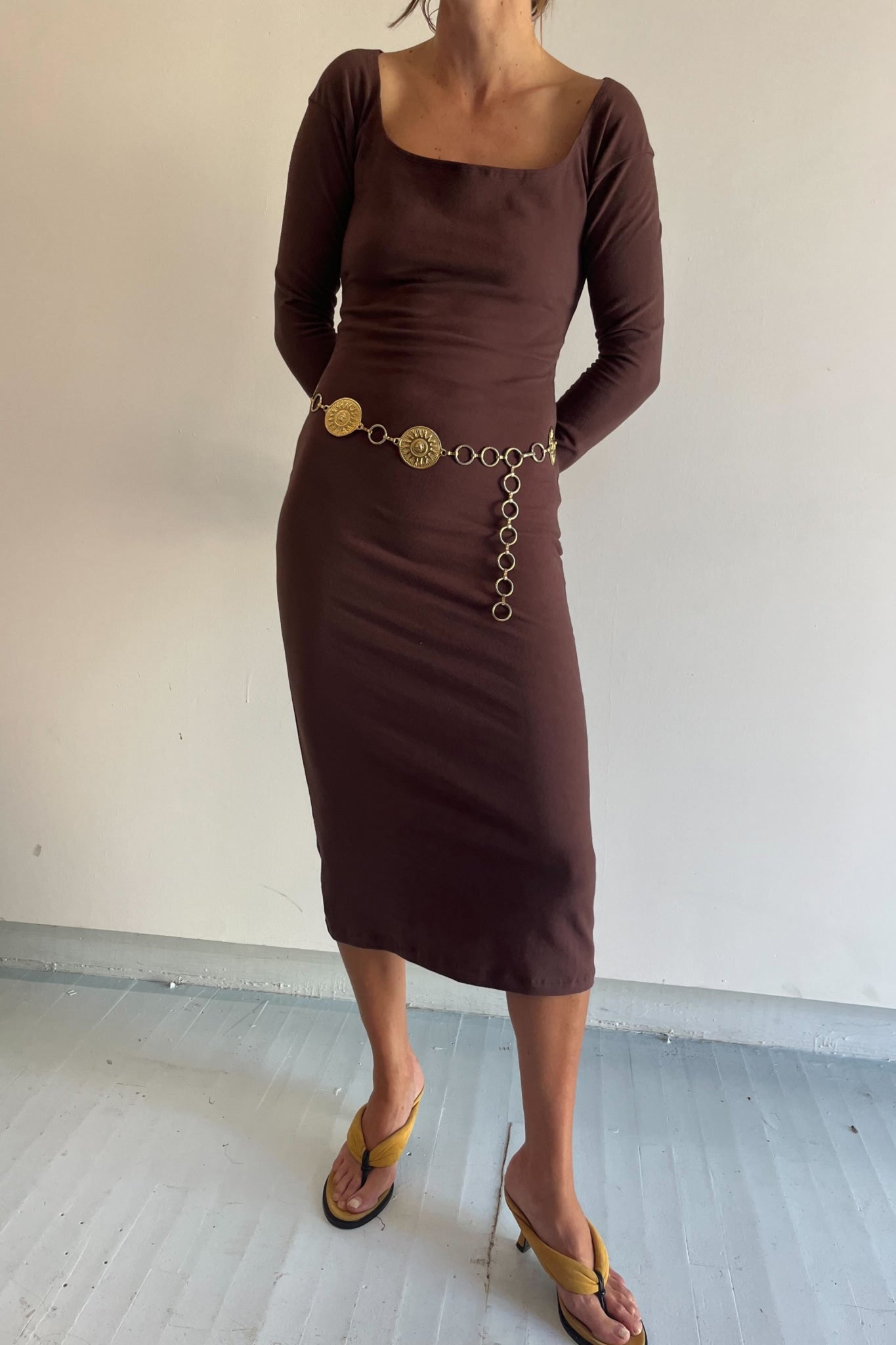 cotton long sleeve fitted midi dress in brown