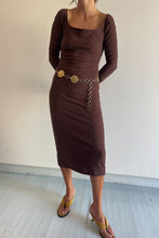Load image into Gallery viewer, cotton long sleeve fitted midi dress in brown