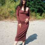 cotton long sleeve fitted midi dress in brown