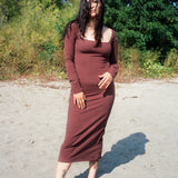 cotton long sleeve fitted midi dress in brown
