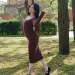 cotton long sleeve fitted midi dress in brown