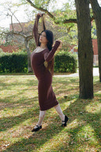 Load image into Gallery viewer, cotton long sleeve fitted midi dress in brown