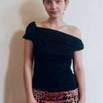black cupro fitted off shoulder twist top