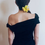 black cupro fitted off shoulder twist top