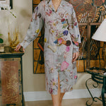 polyester grey floral button down over coat dress