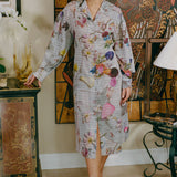 polyester grey floral button down over coat dress