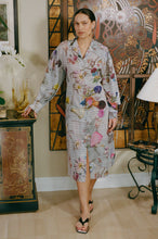 Load image into Gallery viewer, polyester grey floral button down over coat dress