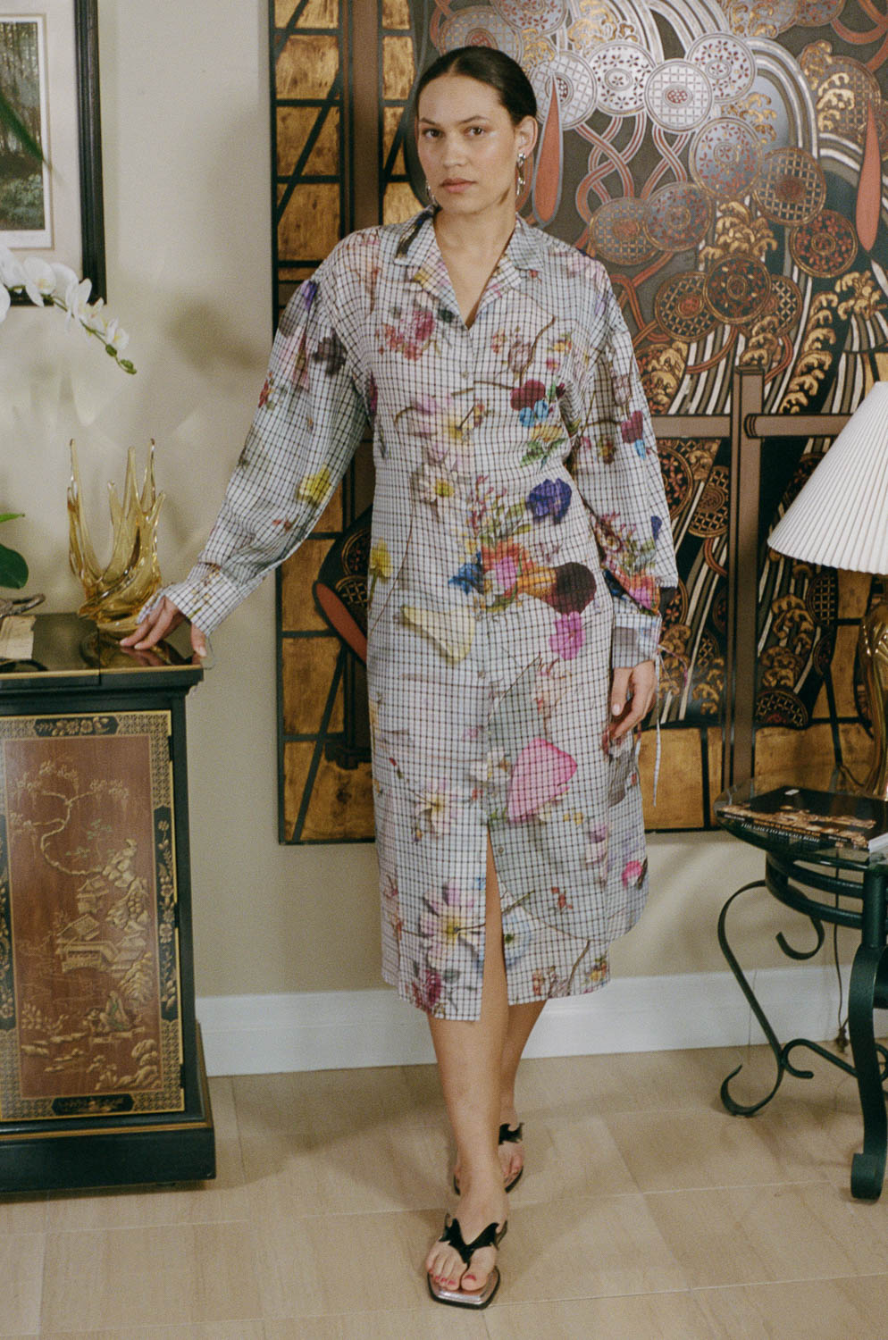 polyester grey floral button down over coat dress