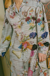 polyester grey floral button down over coat dress
