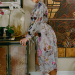 polyester grey floral button down over coat dress