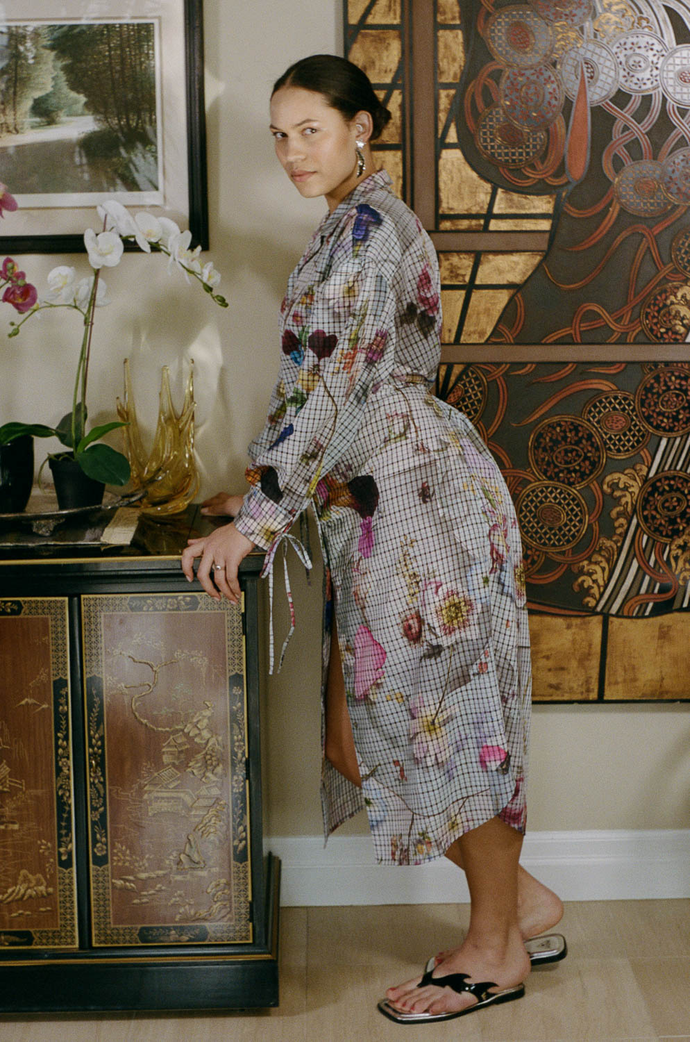 polyester grey floral button down over coat dress