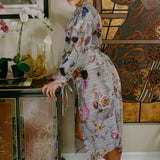 polyester grey floral button down over coat dress